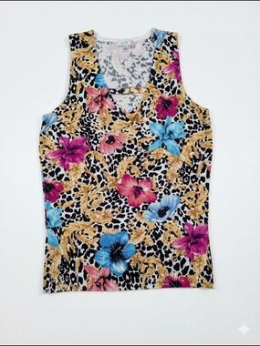 Caché Vintage Y2K Leopard Floral Knit Tank Top V-Neck Gold Hardware Medium